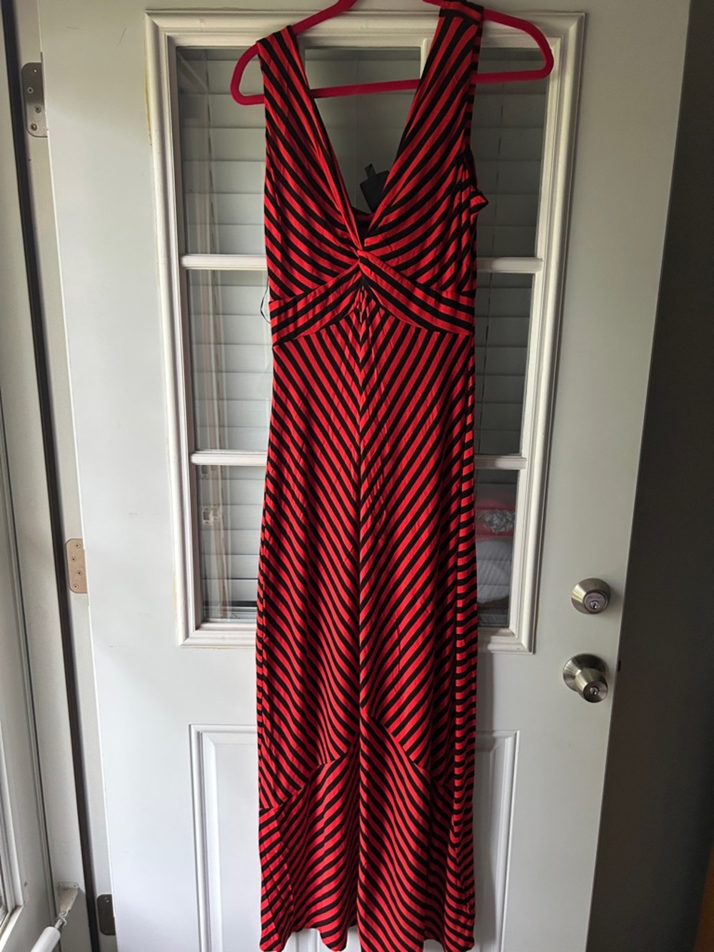 Womens Red and Black Striped Maxi Dress - Sleeveless V-Neck